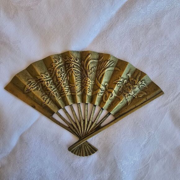 Vintage Solid Brass Decorative Gold Fan Wall Art Decor - Picture 2 of 7